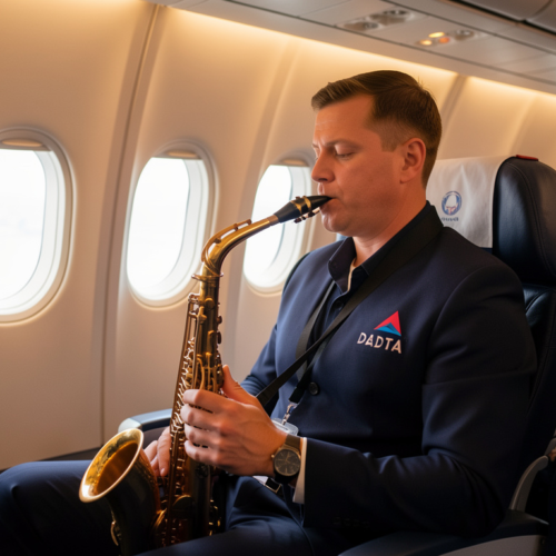 saxophone player on a Delta flight