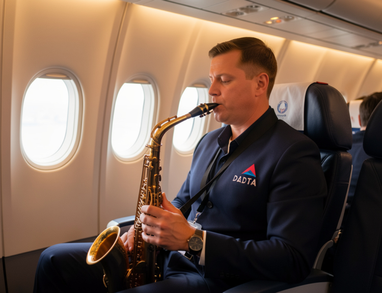 saxophone player on a Delta flight