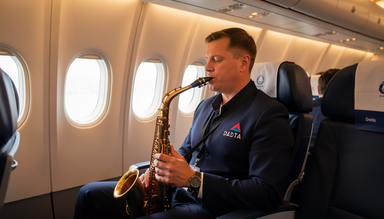 saxophone player on a Delta flight