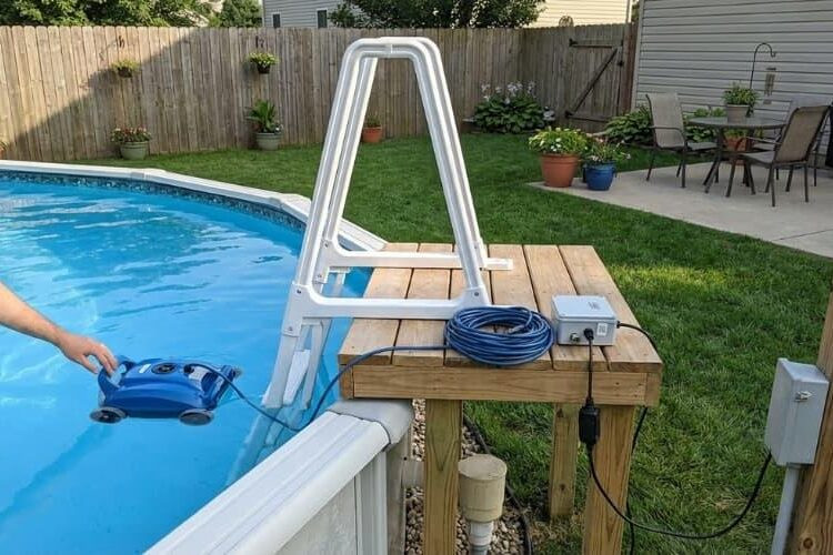 A robotic cleaner in an above ground pool designed for simple access and easy setup